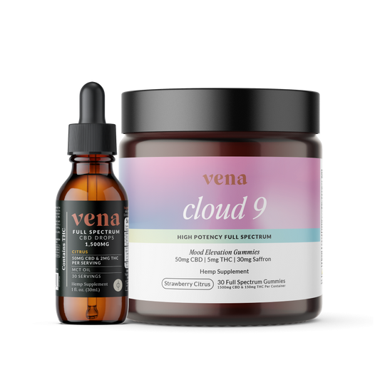 Vena cloud 9 full-spectrum gummy jar with matching Vena full-spectrum CBD dropper bottle, strawberry citrus.