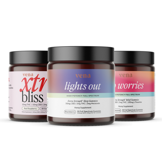 Three vena gummy jars labeled 'lights out', 'xtr bliss', and 'no worries' with flavor tags Blackberry and Red Raspberry.