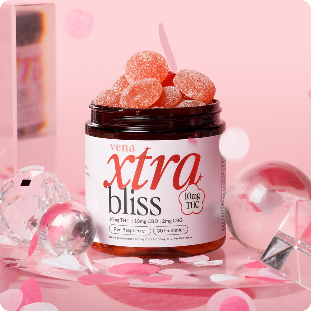 vena xtra bliss jar with gummies; label: 10mg THC | 10mg CBD | 2mg CBG; Red Raspberry; 30 Gummies