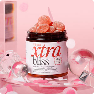 vena xtra bliss jar with gummies; label: 10mg THC | 10mg CBD | 2mg CBG; Red Raspberry; 30 Gummies