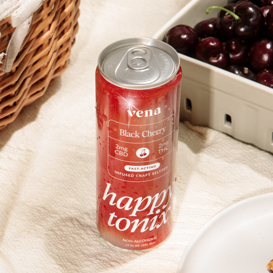 vena Black Cherry 2mg CBD 2mg THC FAST-ACTING INFUSED CRAFT SELTZER happy tonix NON-ALCOHOLIC can with cherries