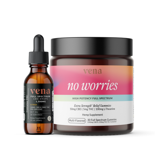 Vena 'no worries' high-potency gummy jar next to full-spectrum CBD citrus dropper bottle