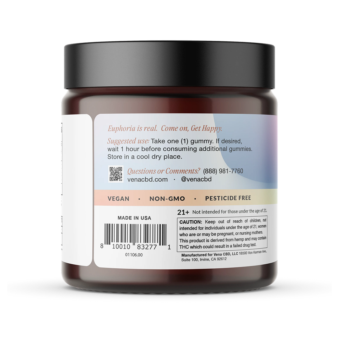 Back label of Vena CBD gummy jar showing suggested use, contact info, 'VEGAN · NON-GMO · PESTICIDE FREE', barcode and 21+ warning.
