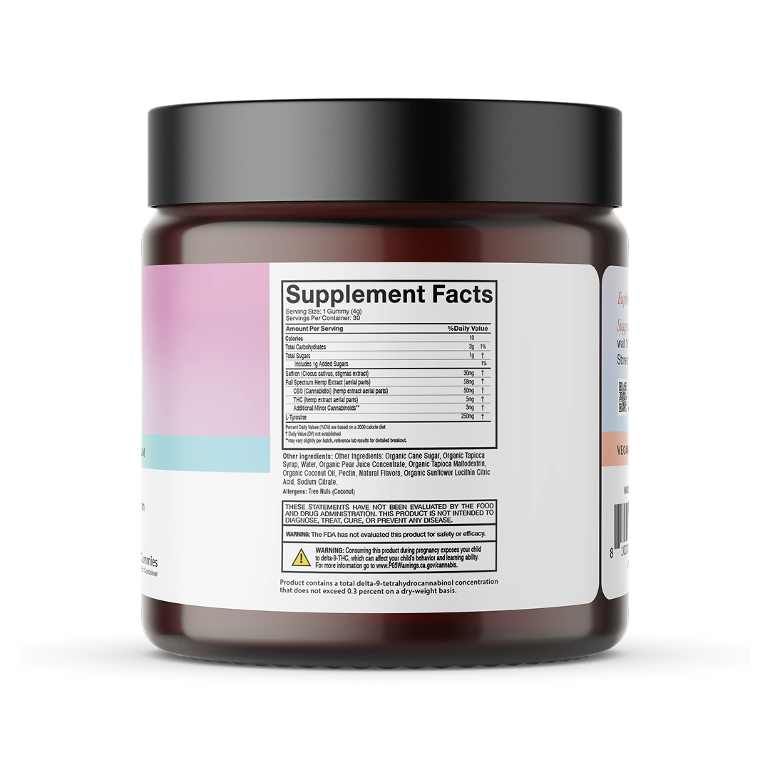Jar back label showing 'Supplement Facts' nutrition panel, ingredient list and FDA warning text.