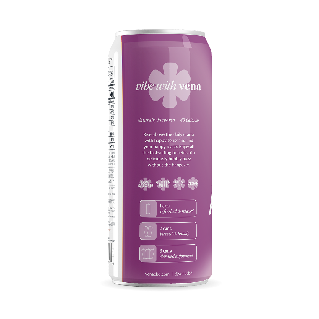 Vena back label on purple can: product benefits, badges (Low Calorie, Gluten Free, Non GMO, Vegan) and serving guide.