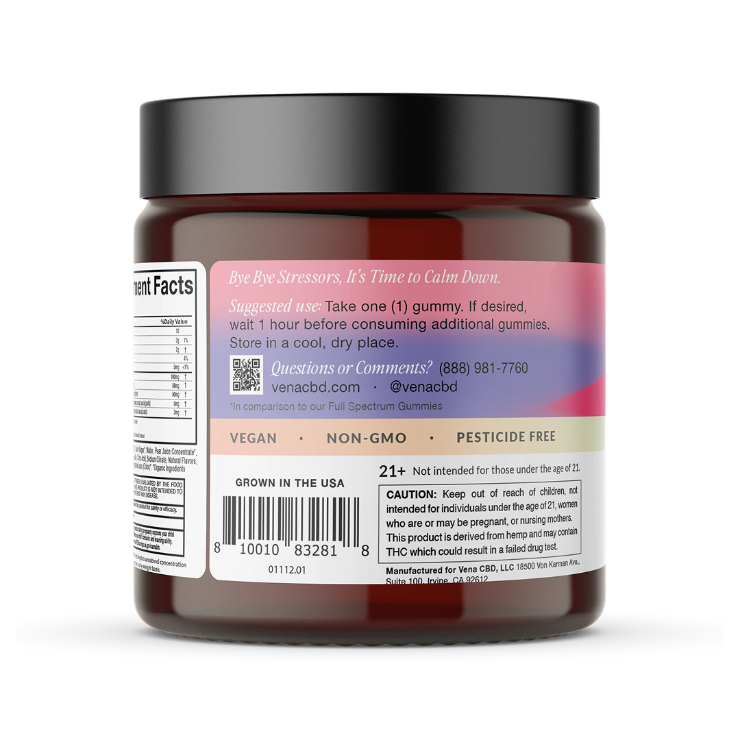 Back label: Bye Bye Stressors, It's Time to Calm Down. Suggested use: Take one (1) gummy. VEGAN • NON-GMO • PESTICIDE FREE.