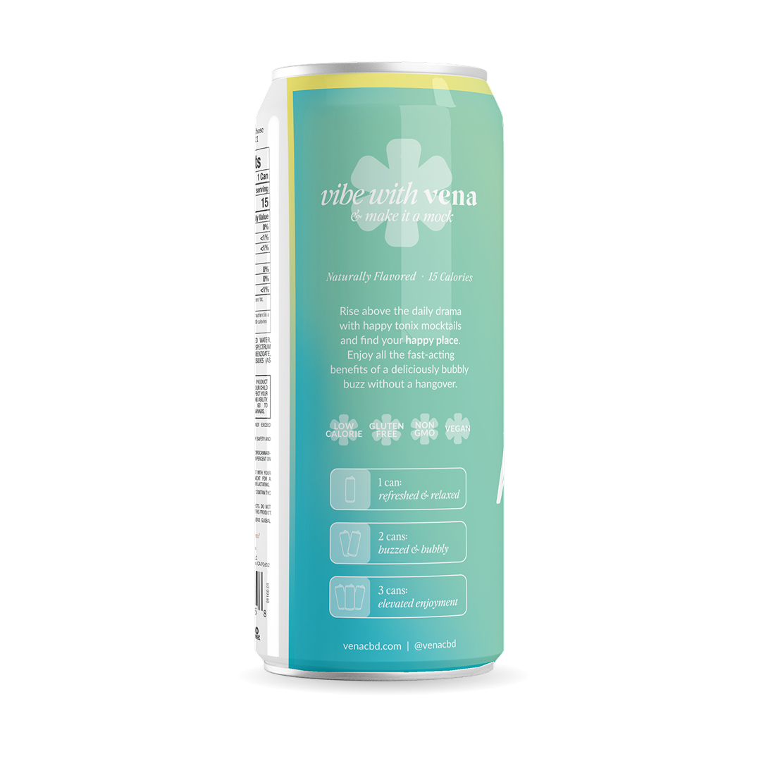 Can back: Vibe with Vena & make it a mock; Naturally Flavored · 15 Calories; 1 can: refreshed & relaxed; venacbd.com