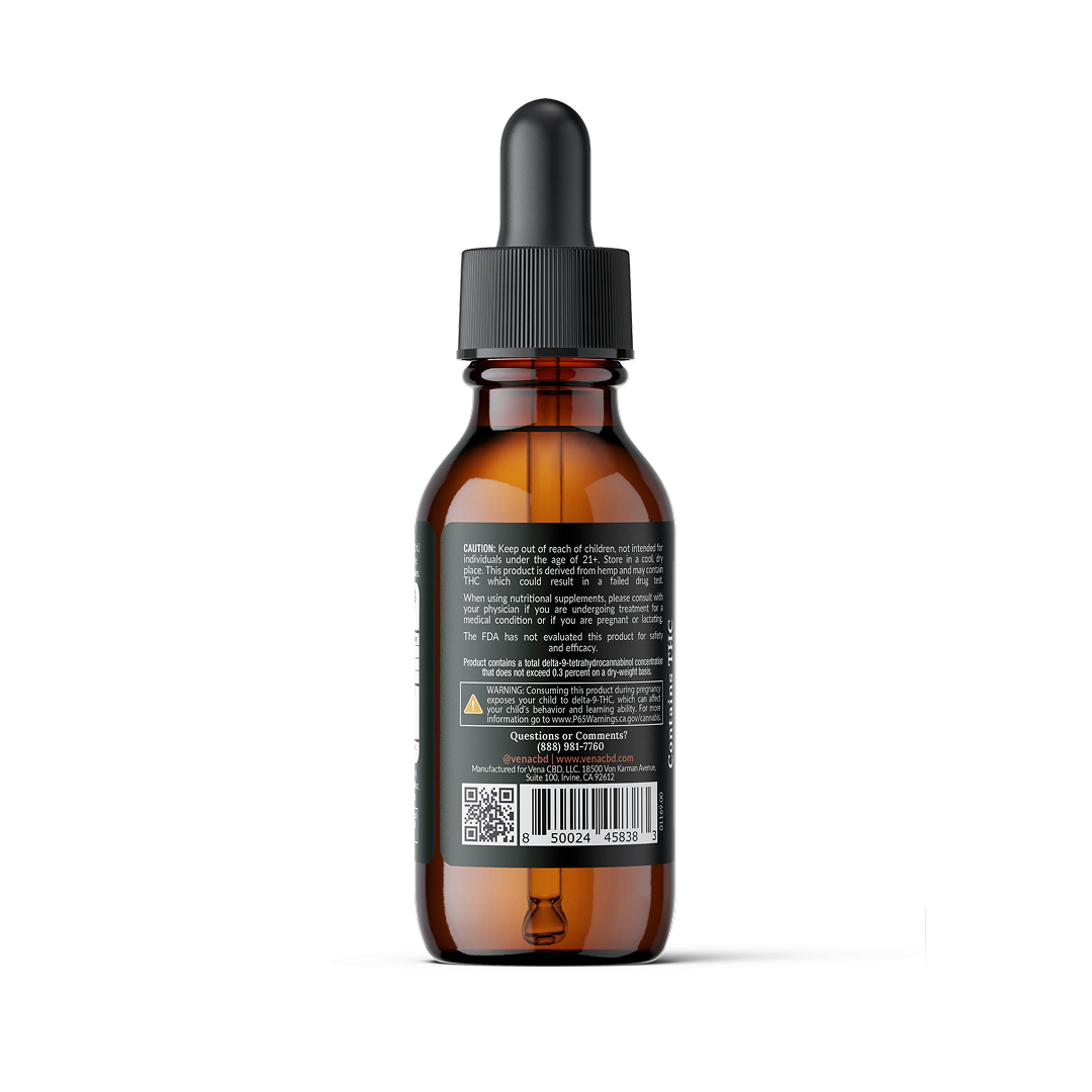 Amber dropper bottle showing back label with warning text, QR code and barcode