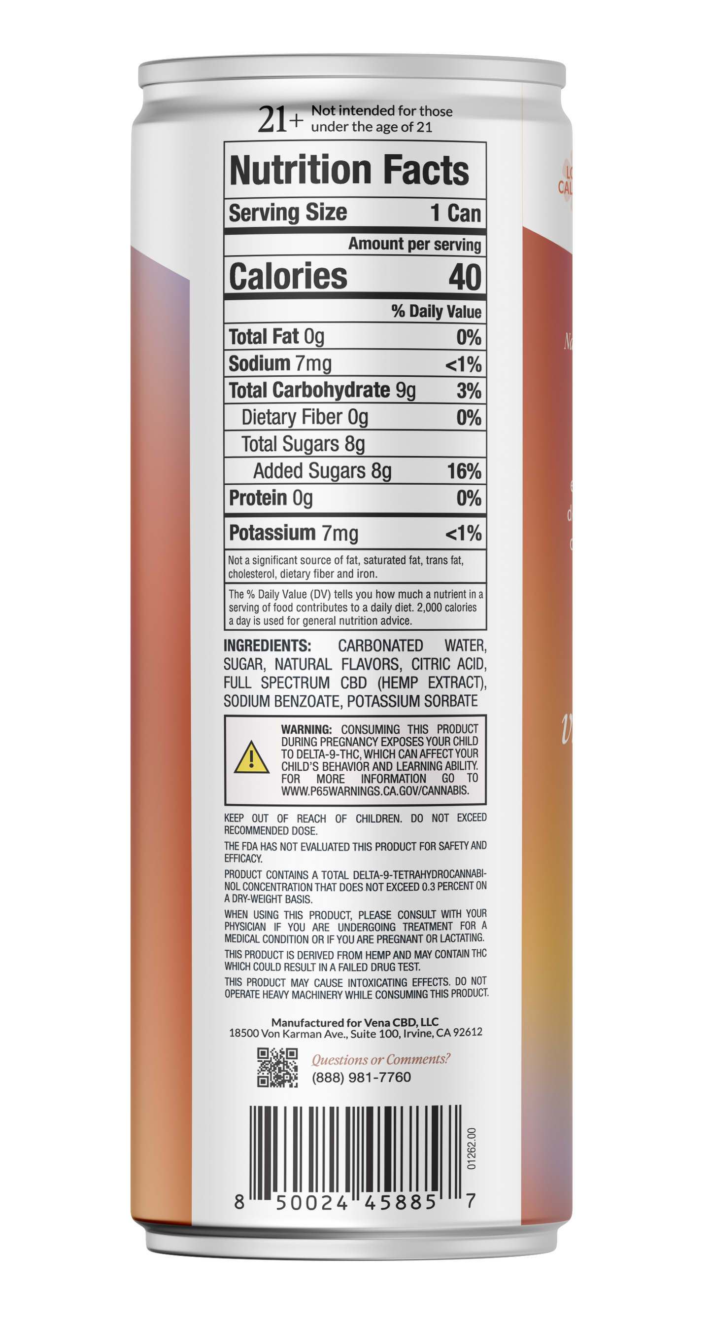 Nutrition Facts on can: Serving 1 can; Calories 40; ingredients include carbonated water, sugar, natural flavors, CBD