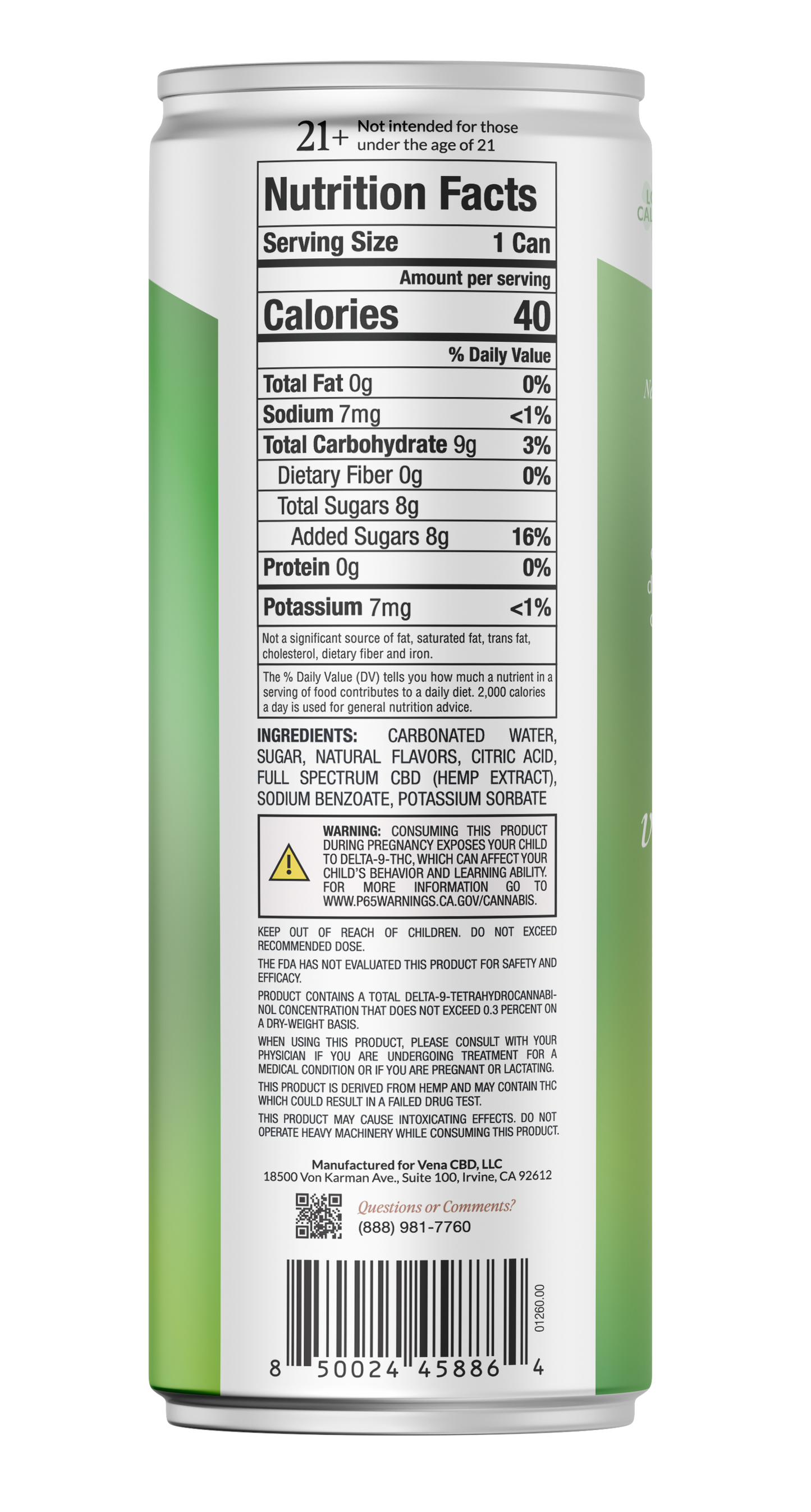 Nutrition Facts label on Vena CBD can — Serving Size 1 Can; Calories 40; Ingredients include carbonated water, sugar, full spectrum CBD.