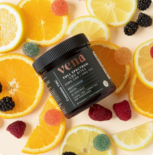 vena FULL SPECTRUM CBD BITES 25MG CBD | 2MG THC Contains THC MULTI-FLAVOR VEGAN 30 SERVINGS 750MG CBD 60MG THC PER CONTAINER
