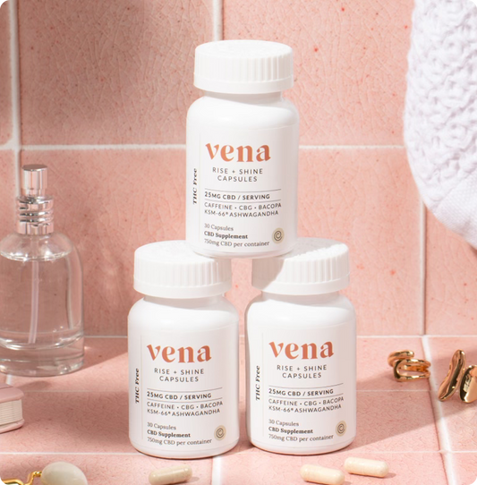 Three Vena bottles labeled 'vena RISE + SHINE CAPSULES 25MG CBD / SERVING'