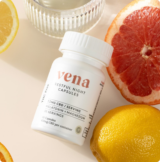 vena RESTFUL NIGHT CAPSULES THC Free 15MG CBD / SERVING MELATONIN + MAGNESIUM 30 SERVINGS 30 Capsules 450mg CBD per container