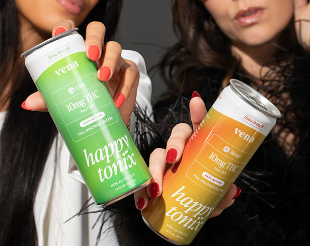 Hands holding green Lime and yellow Mango vena happy tonix cans labeled Extra Strength, 10mg THC, FAST-ACTING, NON-ALCOHOLIC