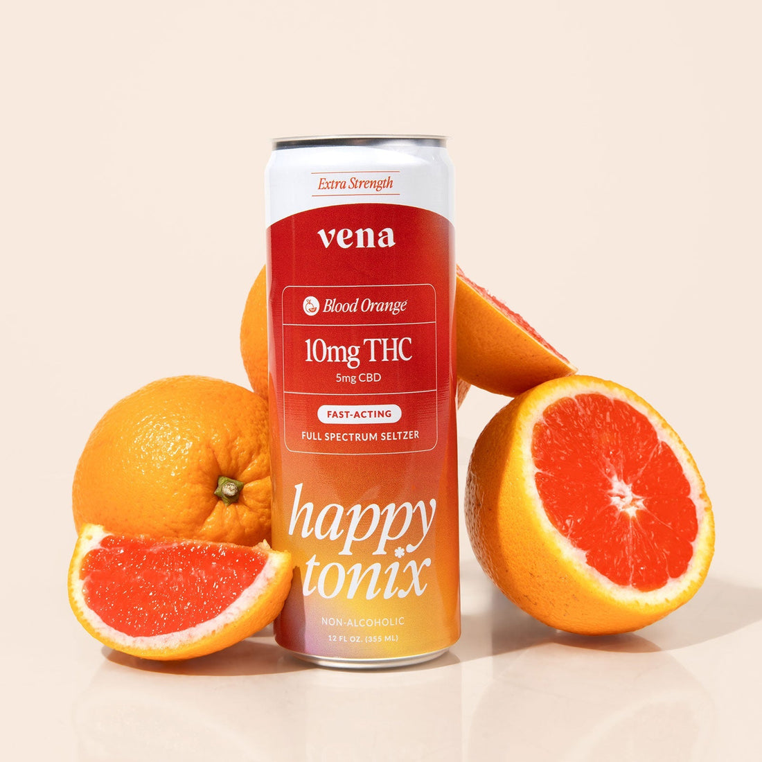 Front view of Vena Happy Tonix Blood Orange 10mg THC 12 fl oz can with sliced blood oranges on pale beige background