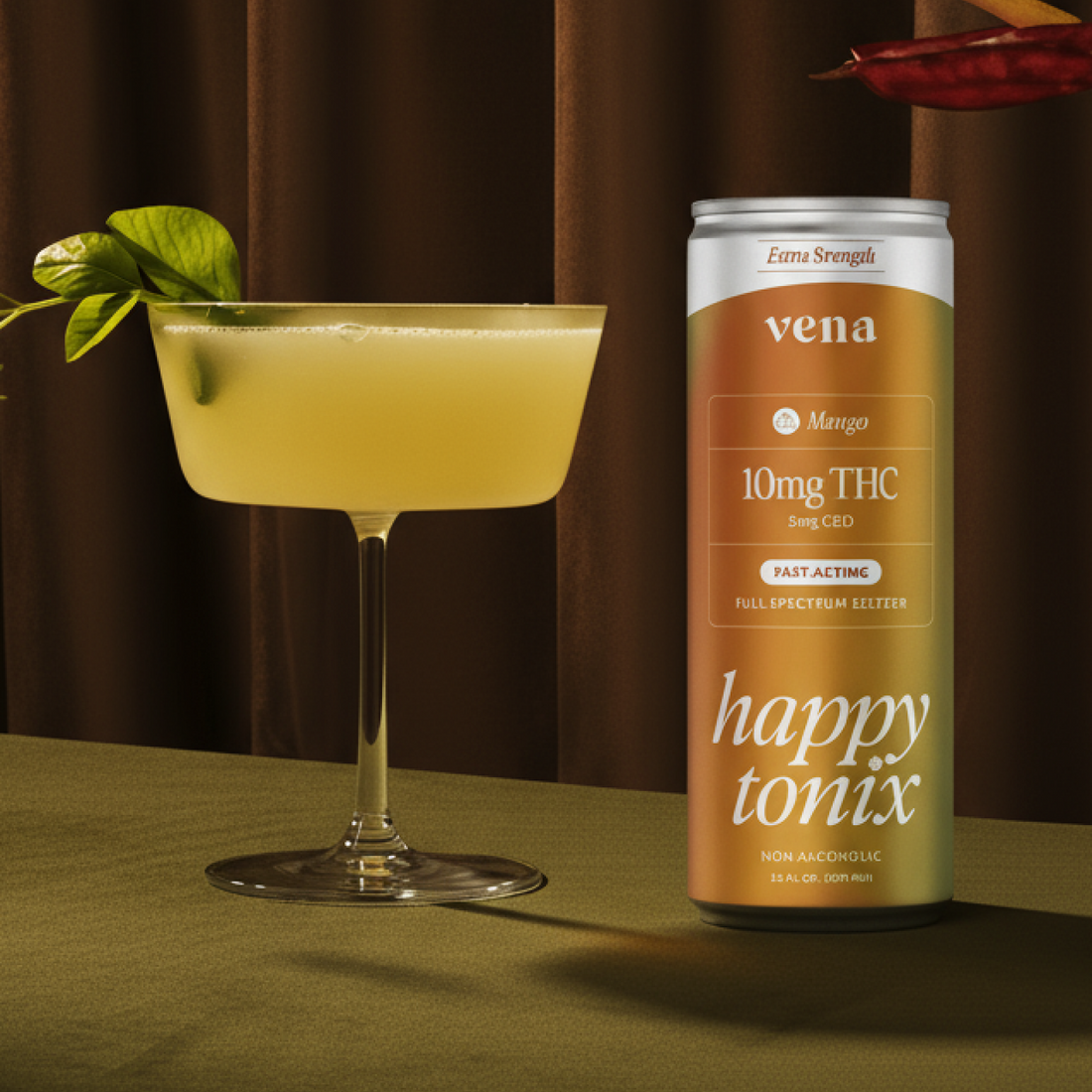 Front view of Vena Happy Tonix mango 10mg THC can next to a cocktail coupe on a green table with brown curtain backdrop