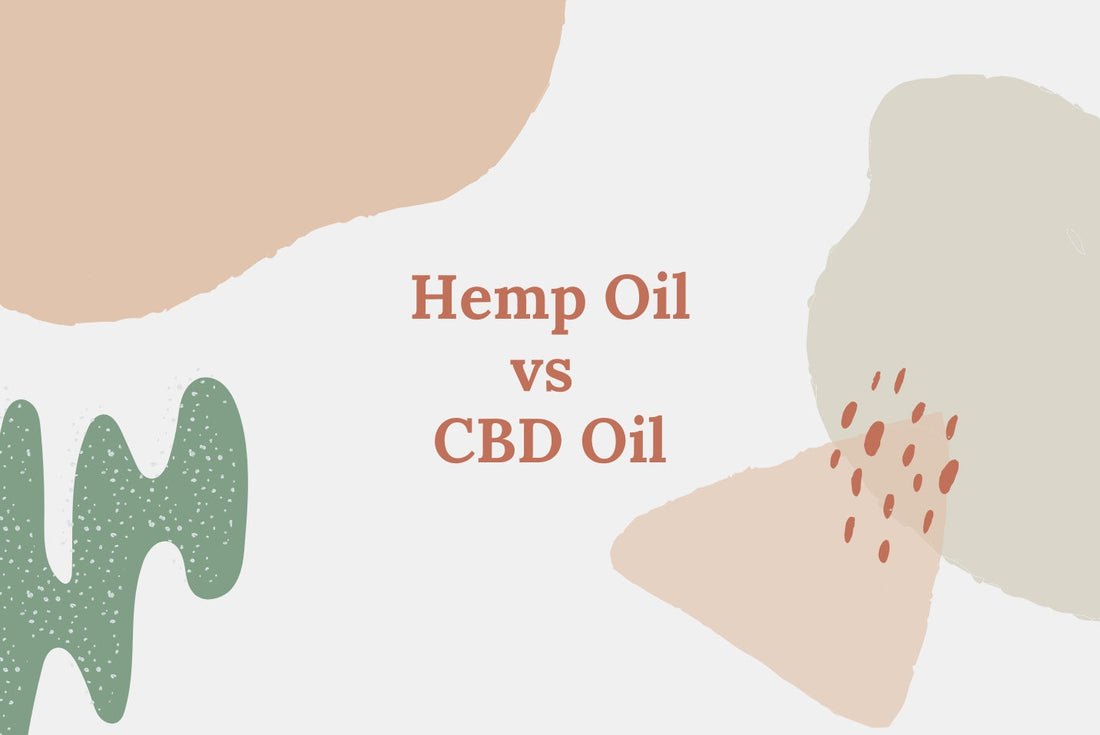 Decorative title graphic reading 'Hemp Oil VS CBD Oil' on abstract beige and green shapes.