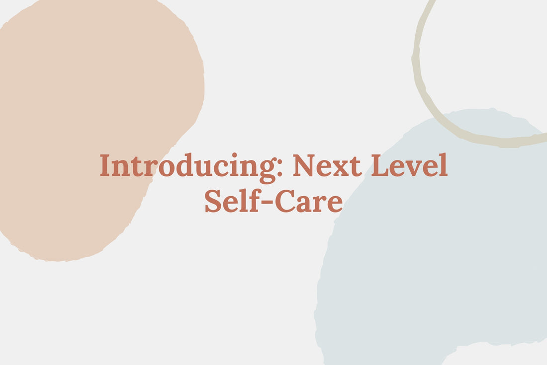 Banner with pastel abstract shapes and headline: 'Introducing: Next Level Self-Care'.