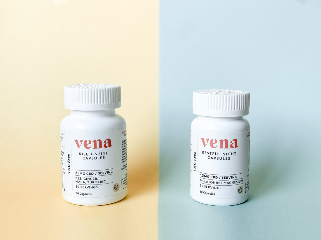 Two white Vena supplement bottles on split yellow/blue background: 'RISE + SHINE CAPSULES' and 'RESTFUL NIGHT CAPSULES'.