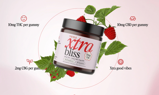 Vena xtra bliss jar label with 'vena xtra bliss', '10mg THC per gummy', '10mg CBD per gummy', '2mg CBG per gummy', 'Xtra good vibes', 'Red Raspberry', '30 Gummies'