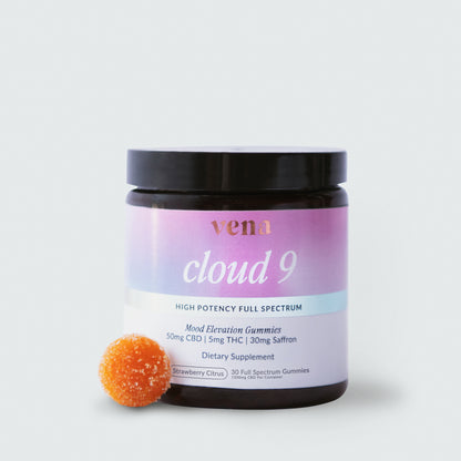 Vena cloud 9 jar with orange gummy; label reads 'vena cloud 9 HIGH POTENCY FULL SPECTRUM Mood Elevation Gummies'