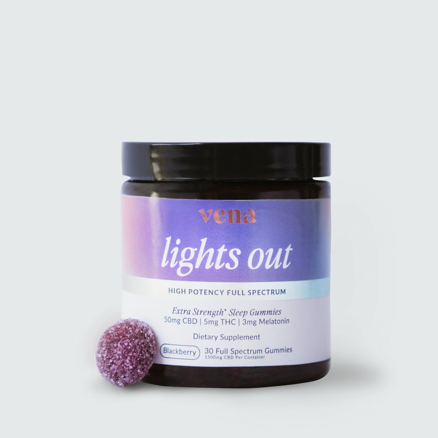 Vena 'lights out' jar — high-potency full-spectrum sleep gummies, Blackberry flavor, 30 gummies.
