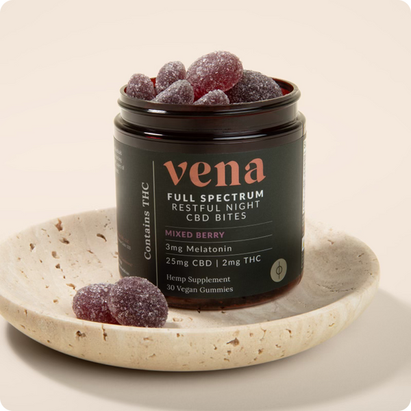 vena jar of Mixed Berry Full Spectrum Restful Night CBD Bites — 3mg Melatonin, 25mg CBD | 2mg THC