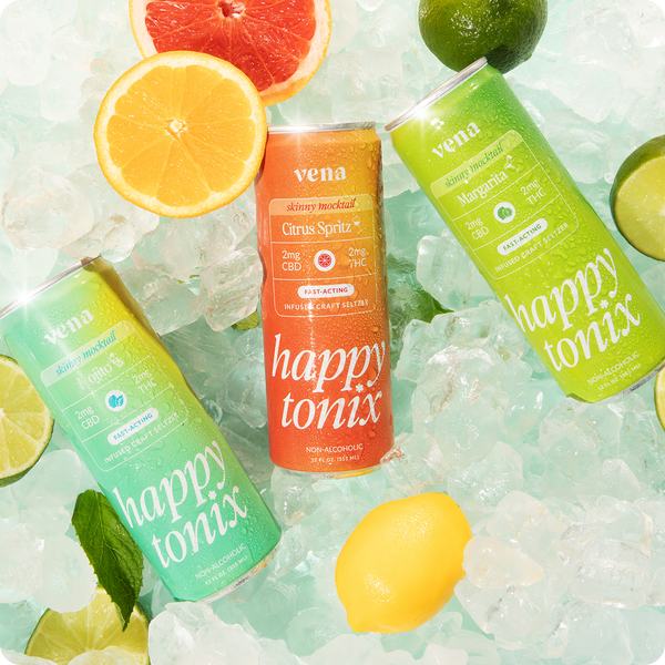 Multiple Vena Happy Tonix Skinny Mocktail THC Seltzer's over ice and tropical fruits