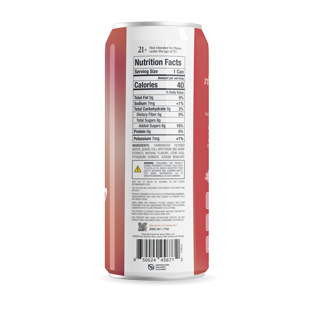 Back of beverage can showing Nutrition Facts (Serving Size 1 Can, Calories 40), ingredients, warning triangle and barcode.