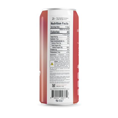 Back of beverage can showing Nutrition Facts (Serving Size 1 Can, Calories 40), ingredients, warning triangle and barcode.