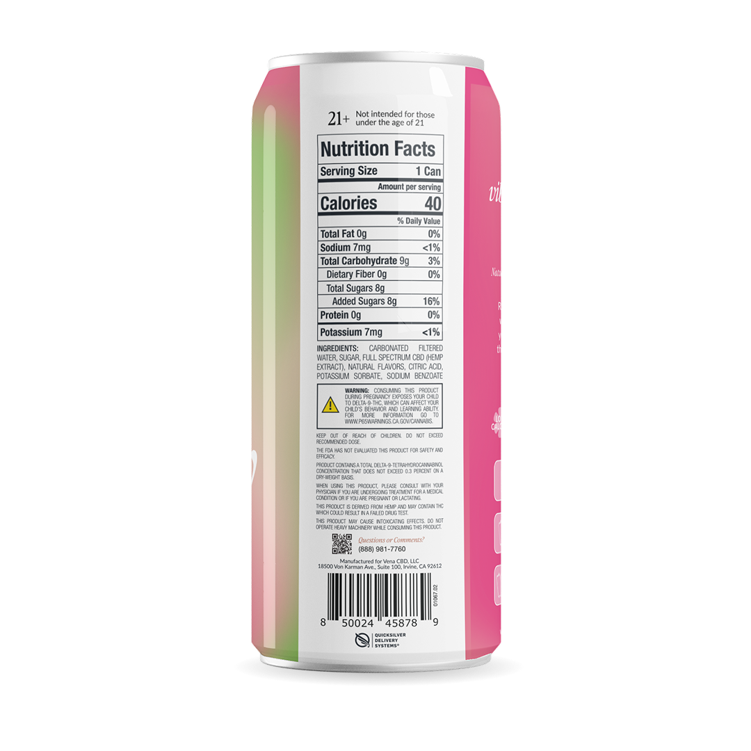 Nutrition Facts panel on can back with Serving Size 1 Can, Calories 40, Total Fat 0g, Total Sugars 8g; ingredients list and barcode.