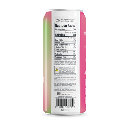 Nutrition Facts panel on can back with Serving Size 1 Can, Calories 40, Total Fat 0g, Total Sugars 8g; ingredients list and barcode.
