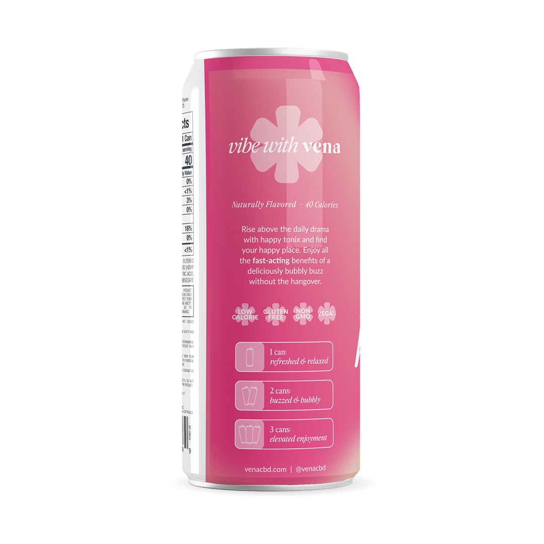 Back label of pink Vena can: 'vibe with vena', benefits blurb, icons (LOW CALORIE, GLUTEN FREE, NON GMO, VEGAN) and 1/2/3-can guidance.