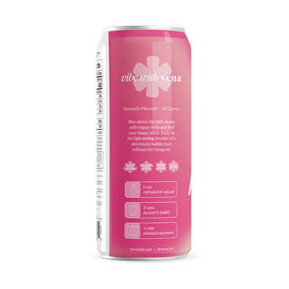 Back label of pink Vena can: 'vibe with vena', benefits blurb, icons (LOW CALORIE, GLUTEN FREE, NON GMO, VEGAN) and 1/2/3-can guidance.