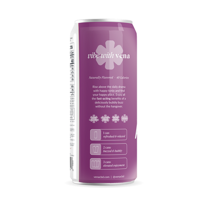 Vena back label on purple can: product benefits, badges (Low Calorie, Gluten Free, Non GMO, Vegan) and serving guide.