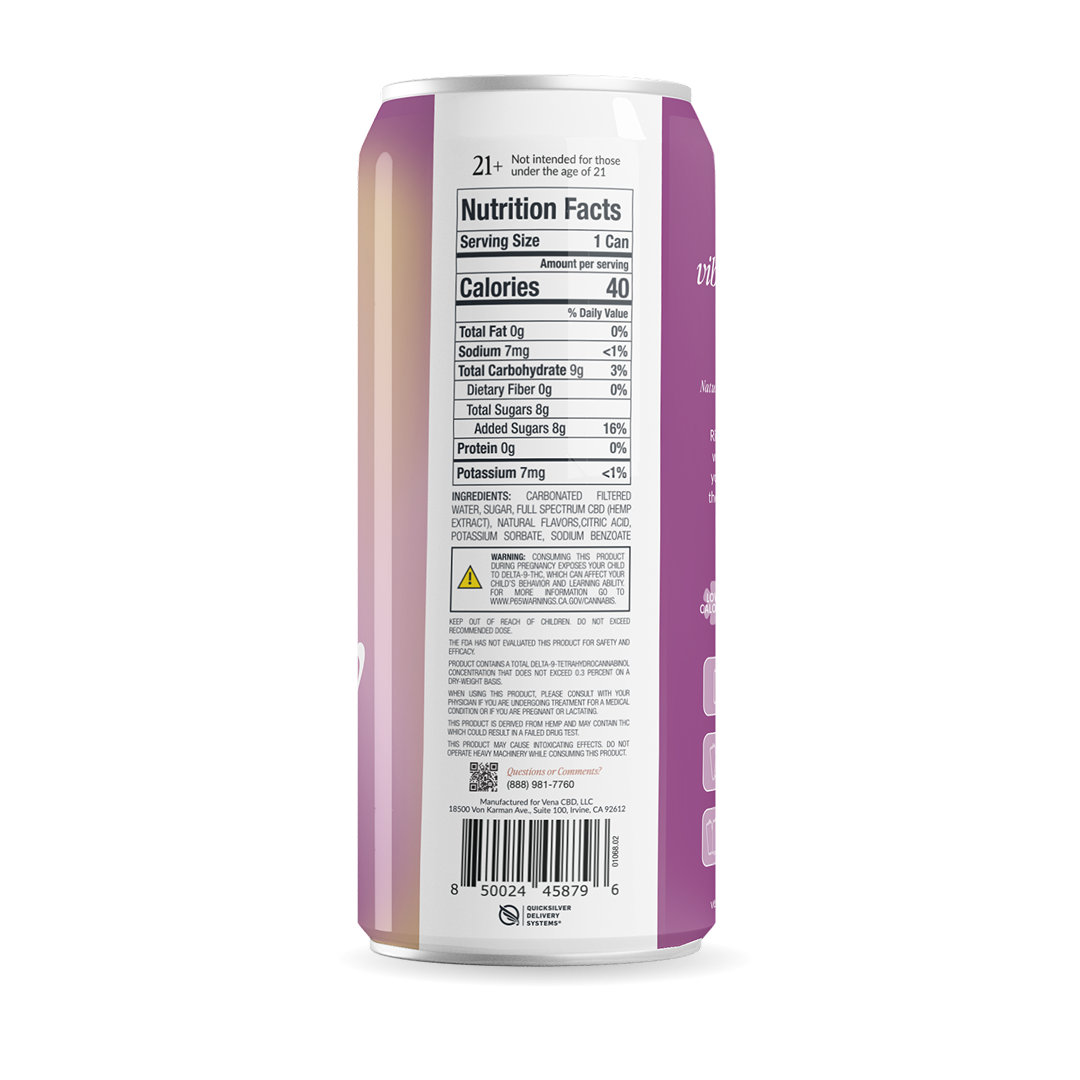 Nutrition Facts panel on purple can — Serving Size 1 Can; Calories 40; Total Carb 9g; Added Sugars 8g; ingredients and barcode.