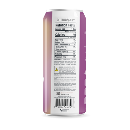 Nutrition Facts panel on purple can — Serving Size 1 Can; Calories 40; Total Carb 9g; Added Sugars 8g; ingredients and barcode.