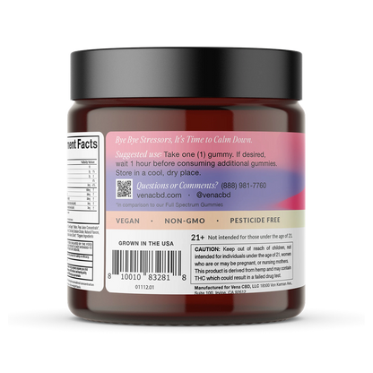 Back label: Bye Bye Stressors, It's Time to Calm Down. Suggested use: Take one (1) gummy. VEGAN • NON-GMO • PESTICIDE FREE.