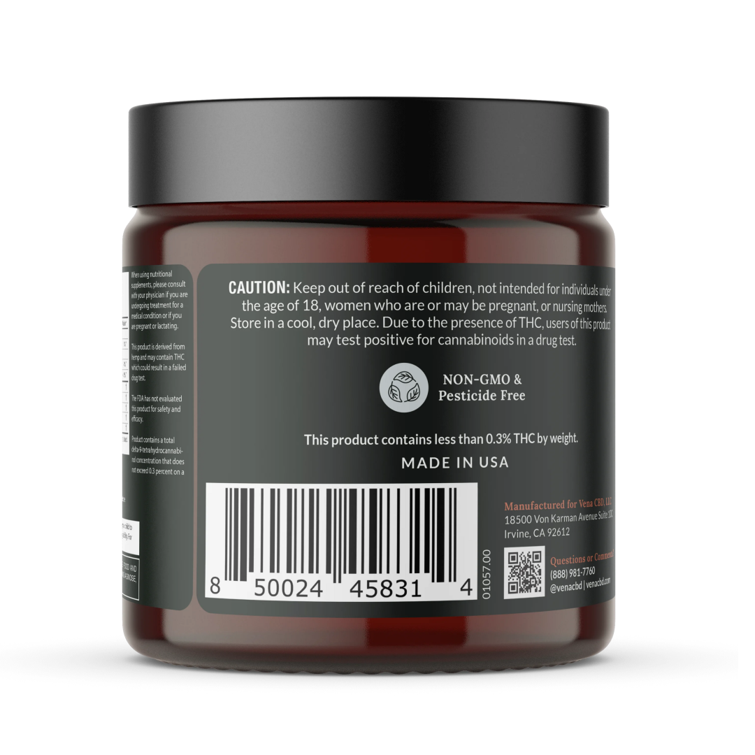Back label of Vena CBD jar with CAUTION statement, 'NON-GMO & Pesticide Free', 'Made in USA' and barcode.