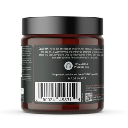 Back label of Vena CBD jar with CAUTION statement, 'NON-GMO & Pesticide Free', 'Made in USA' and barcode.