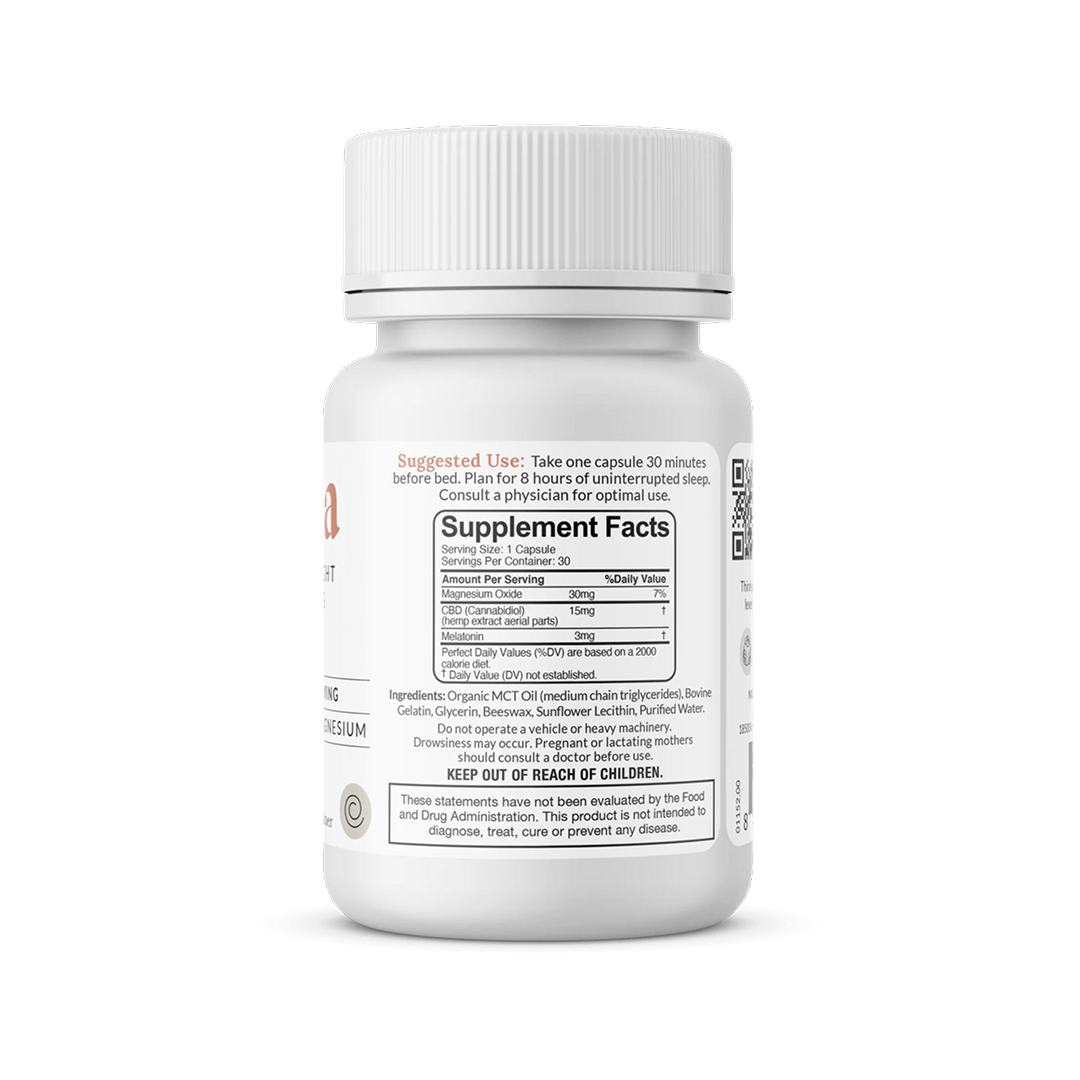 White supplement bottle back label showing "Supplement Facts" panel and suggested use for CBD + melatonin capsules.