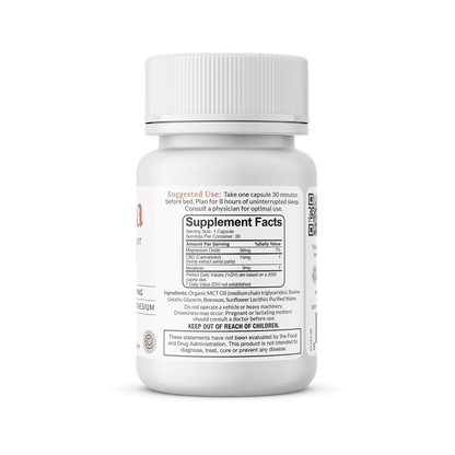 White supplement bottle back label showing "Supplement Facts" panel and suggested use for CBD + melatonin capsules.