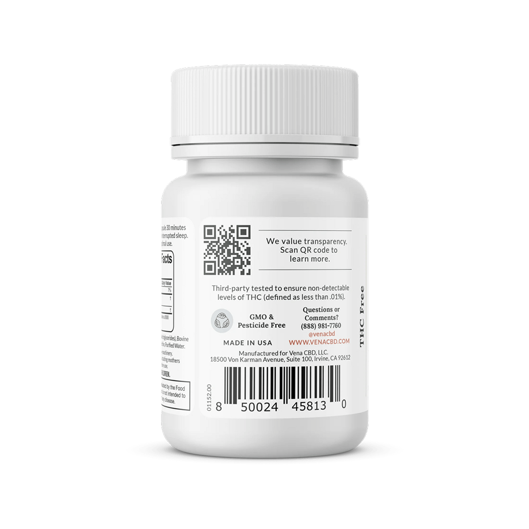 Back label of white supplement bottle showing QR code, barcode, "Made in USA", "GMO & Pesticide Free", phone and website venacbd.com.