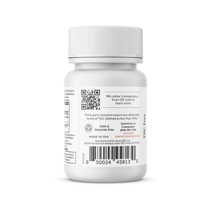 Back label of white supplement bottle showing QR code, barcode, "Made in USA", "GMO & Pesticide Free", phone and website venacbd.com.