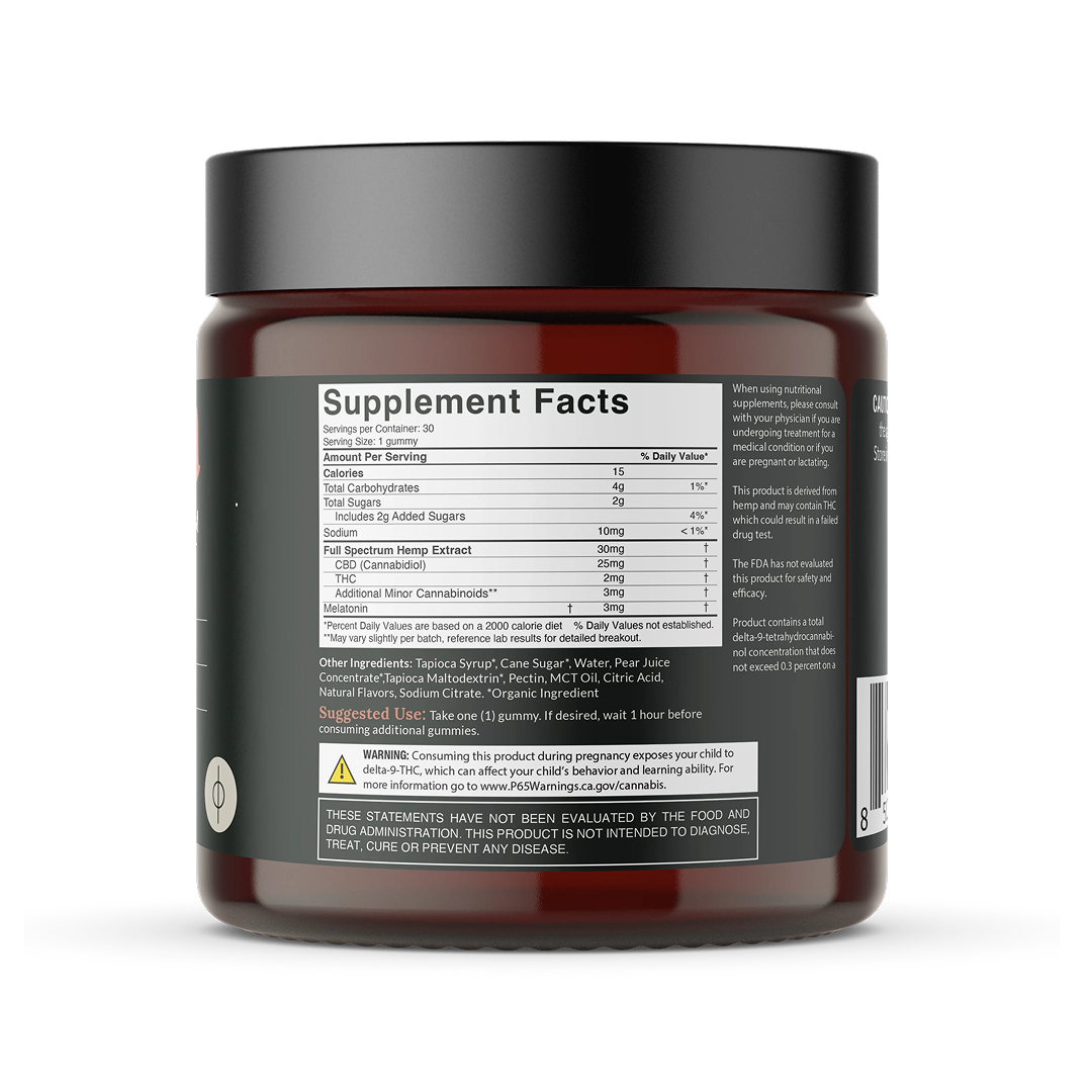 Back of amber jar showing 'Supplement Facts' nutrition panel and label text including 'Suggested Use', 'WARNING', and FDA disclaimer.