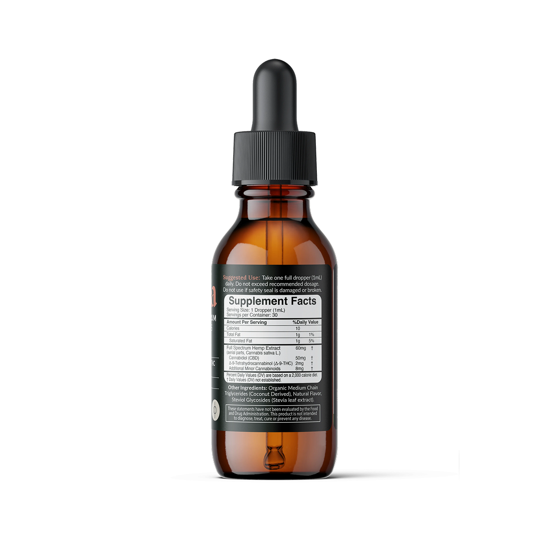 Amber glass dropper bottle with back label reading 'Supplement Facts', showing serving size, CBD and THC amounts and other ingredients.