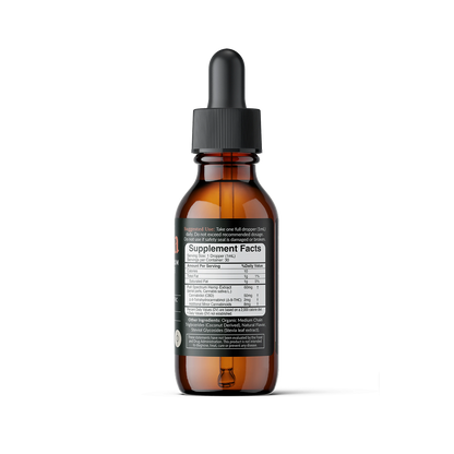 Amber glass dropper bottle with back label reading 'Supplement Facts', showing serving size, CBD and THC amounts and other ingredients.