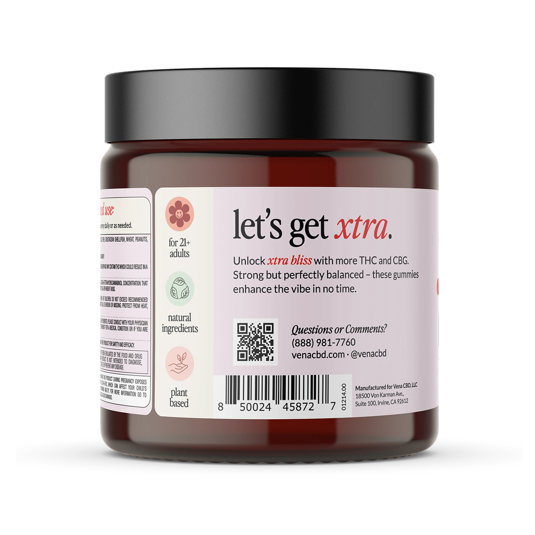 Vena CBD jar label reading “let’s get xtra.” Text: Unlock xtra bliss with more THC and CBG. Icons: for 21+ adults; natural ingredients; plant based.