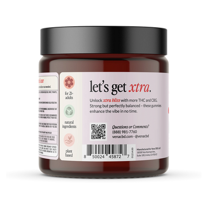 Vena CBD jar label reading “let’s get xtra.” Text: Unlock xtra bliss with more THC and CBG. Icons: for 21+ adults; natural ingredients; plant based.