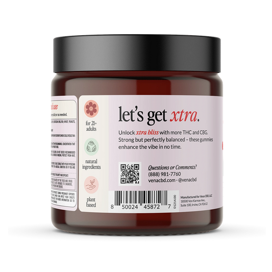 Vena CBD jar label reading “let’s get xtra.” Text: Unlock xtra bliss with more THC and CBG. Icons: for 21+ adults; natural ingredients; plant based.